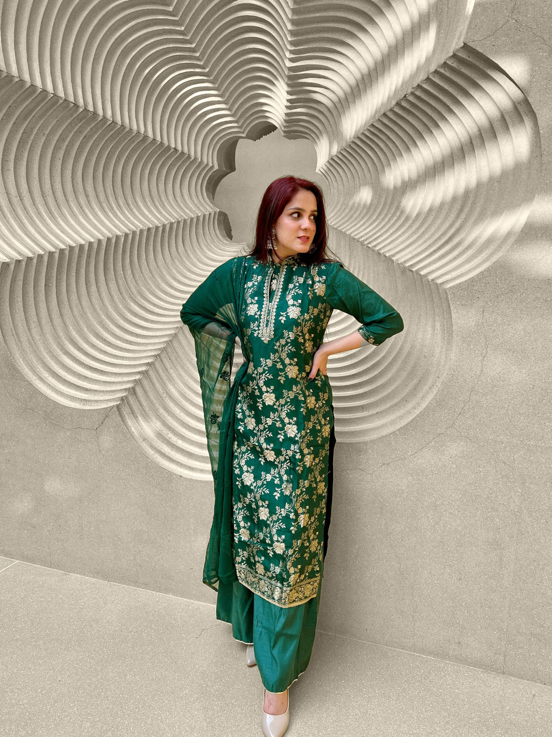 Chhabra 555 Bottle Green Floral Banarasi Dola Silk Dress material with Chiffon Embellished Dupatta