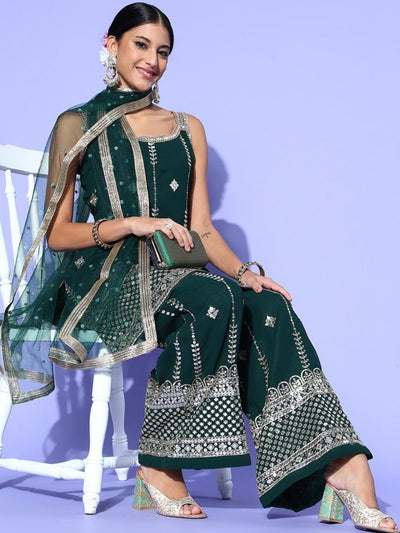 Chhabra 555 Sequin & Zari Embroidered Kurta Palazzo Set with Lace Shoulder straps