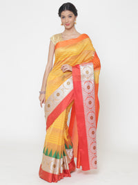 Orange and yellow Striped Handloom Banarasi Saree with contrast Green Temple border