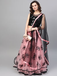 Chhabra 555 Made-to-Measure Crop Top Lehenga Set with Applique embroidered cut work flowers, Sequin embroidery and ruffled hemline