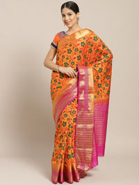 Banarasi Ikat inspired Saree with Contrast Zari Border & Contrast Heavy Pallu