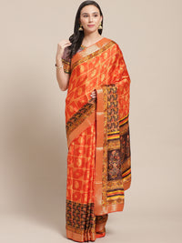 Self Geometrical Jacquard Saree with Floral Digital Printing and Banarasi Woven Border