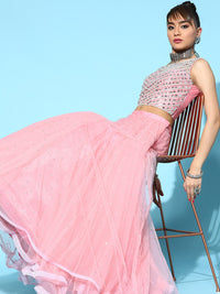Made to Measure Pastel Pink Heavy Embellished Mirror & Pearls Net Flowing Lehenga Set