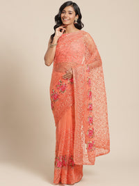 Peach Net Resham Embroidered Saree with multicolor flowers and crystal Embellishments