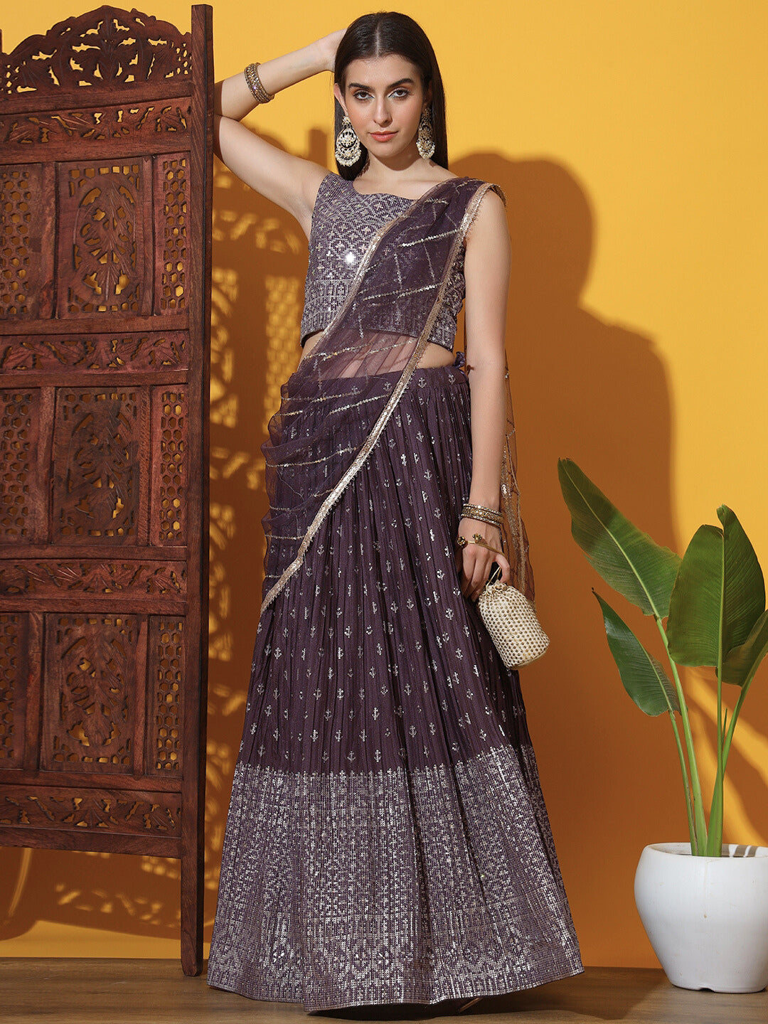 Chhabra 555 Purple Khari Print Lehenga Choli Blouse Set with Mirror & Sequin Embellishments