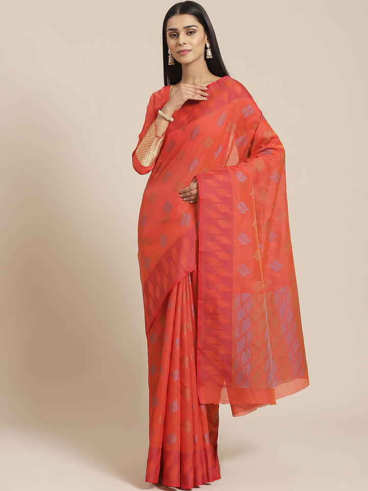 Handloom Chanderi Saree with Abstract woven pattern and a contrast border