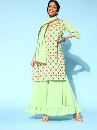 Chhabra 555 Georgettte Frilled Sharara Set Embellished With Resham Embroidery & Mirror Work