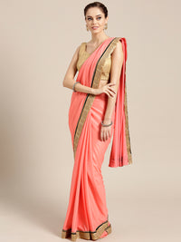 Chhabra 555 Peach Stretch georgette Saree with Pearl and Crystal Embellished border