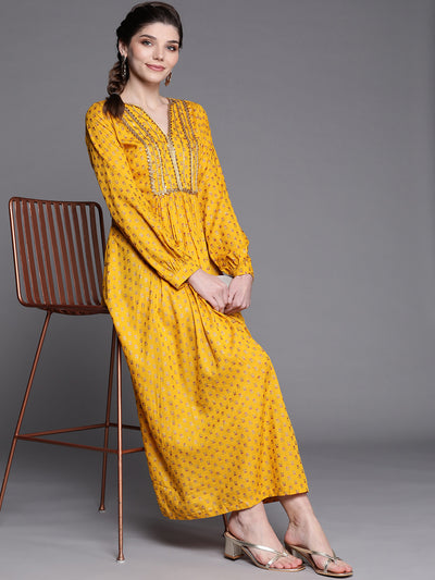 Chhabra 555 Made to Measure Yellow Foil Print Dress with Floral motifs & Gota Patti Embellishments