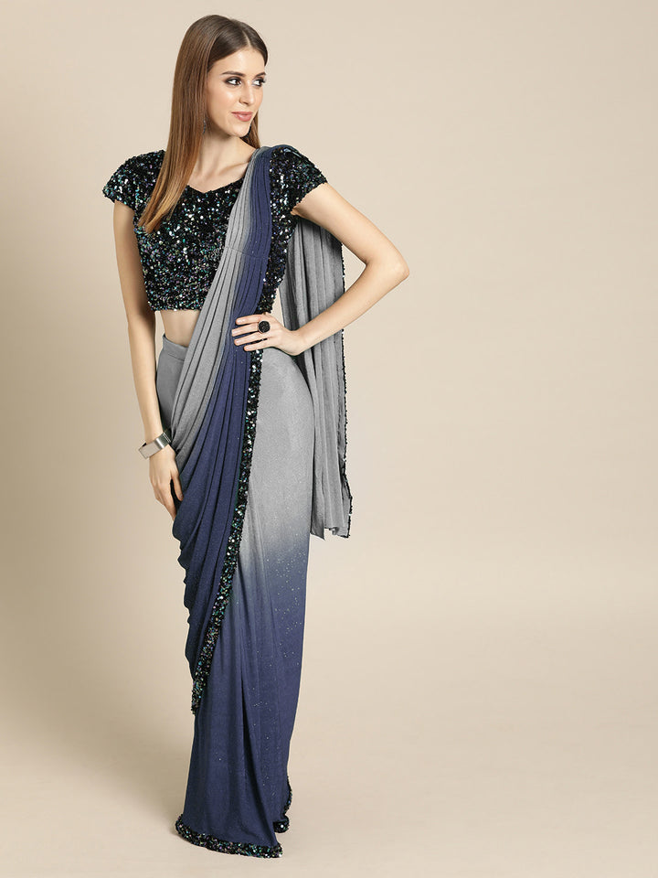 Ruffled Pre-Stitched Ombre Saree with Frills and Black Sequin Blouse