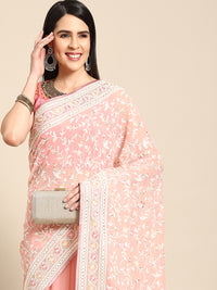 Chhabra 555 Pastel Pink Georgette Heavy Resham White Thread Floral Embroidered Ethnic Saree