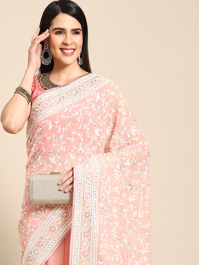Chhabra 555 Pastel Pink Georgette Heavy Resham White Thread Floral Embroidered Ethnic Saree