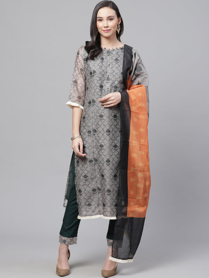 Chanderi Silk Stitched Suit with Digital Handloom & Indie Print with Maheshwari Dupatta