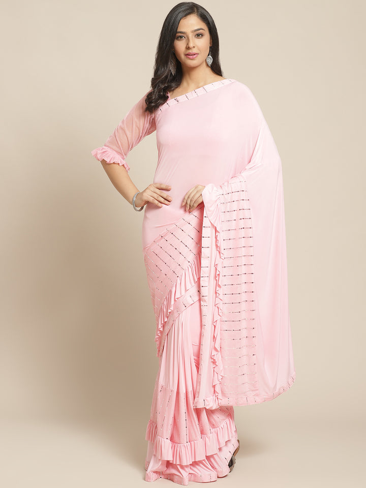 Pastel Romance Ruffled Pre-Stitched Saree with Bling Silver Sequence Patchwork