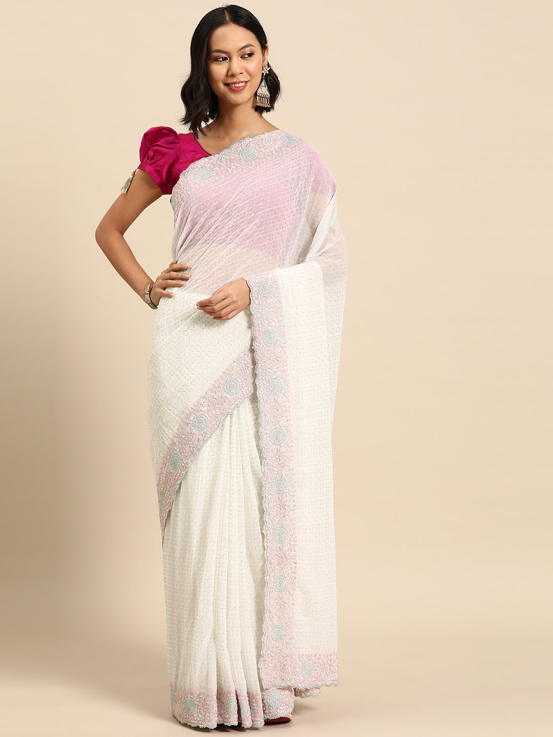 Chhabra 555 White Rubber Print Saree With Intricate Floral Resham & Zari Embroidery Scalloped Border