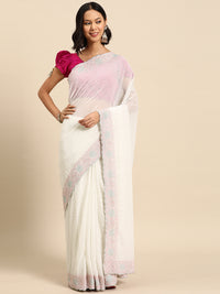 Chhabra 555 White Rubber Print Saree With Intricate Floral Resham & Zari Embroidery Scalloped Border
