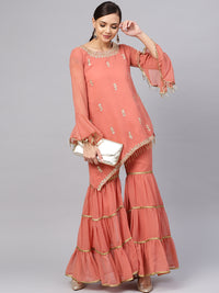 Chhabra 555 Made to Measure Peach Kurta Sharara Set with Floral Zari Kundan Embroidery