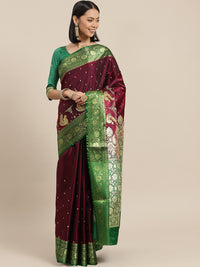 Chhabra 555 Wine Kanjeevaram Zari Peacock Motifs Embroidery Saree With Intricate Paisley Weaving  