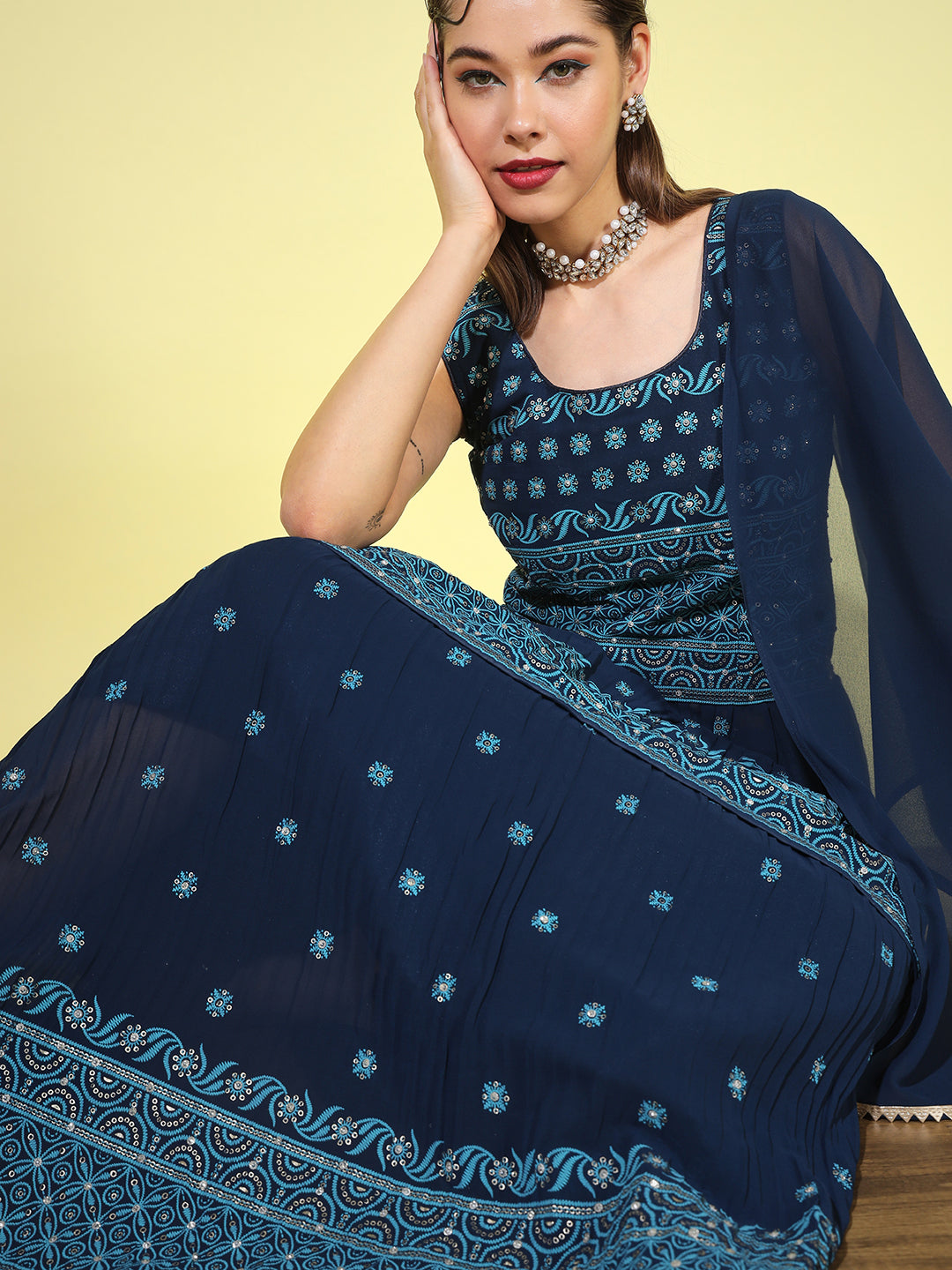 Chhabra 555 Made-to-Measure Blue Foil Print Peplum Kurti with Pleated Flared Gharara & Dupatta
