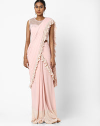 Made to Measure Nude Pink Ruffled Saree & Stylish Crystal  Embellished Blouse With Tassels