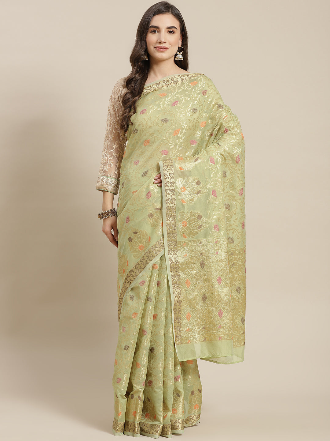 Chhabra 555 Olive Green Handloom Jamdani Chanderi Saree with Resham Meenakari Weaving

Color: Olive Green

Type: Jamdani Sarees

Pattern: Woven Design

Pattern Type: Ethnic Motifs

Ornamentation: Zari

Border: Woven Design

Fabric: Silk Blend

Saree length: 5.50 mtr., Width: 1.10 mtr, Blouse length: 0.85 mtr
Dry Clean Only

The CAD image gives a detailed look of the actual blouse piece that comes with this saree. The blouse used by the model in the pictures is only for styling purpose.