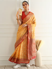 Chhabra 555 Floral Banarasi Silk Saree with Zari woven Temple pattern Contrast Border