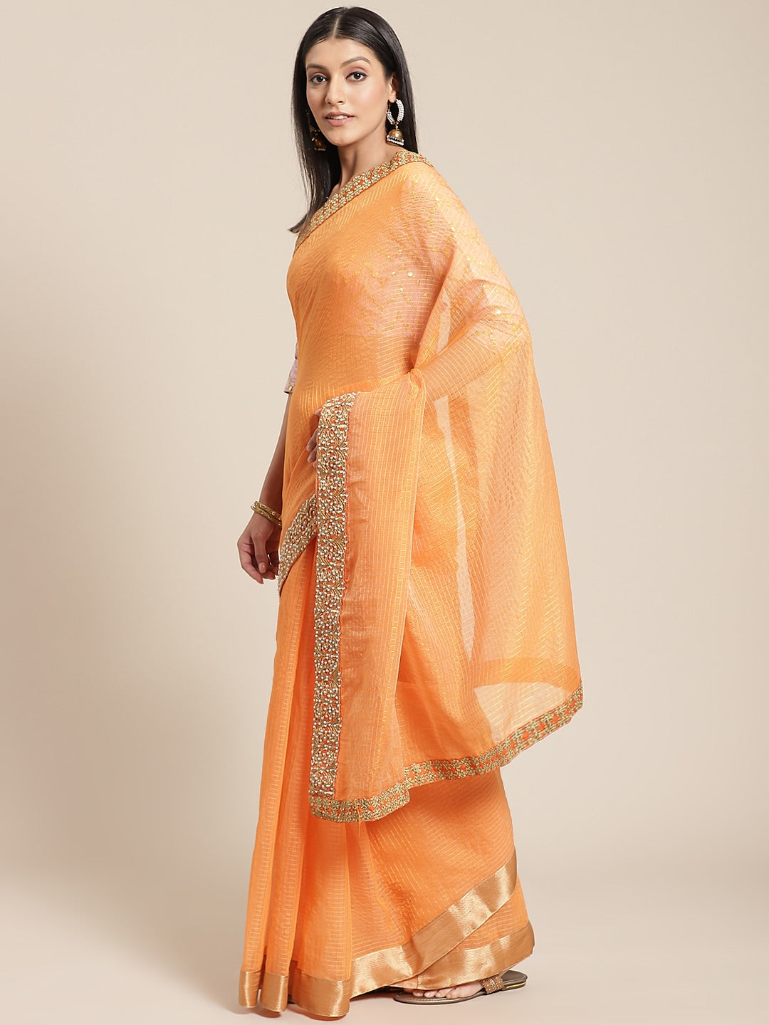 Orange Gharchola Saree With Sequence Border & Embellished Gota Blouse