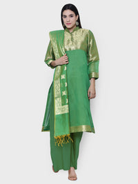 Emerald Green Chanderi Cotton Woven Zari Work Unstitched Dress Material With Dupatta