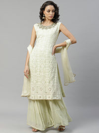 Chicken Embroidered Georgette Kurta Set with Mukaish Shehara & Gota Chiffon Dupatta