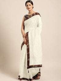 Chhabra 555 Cream Banarasi Chanderi Checked Saree With Contrast Zari Handllom Border & Brocade Blouse