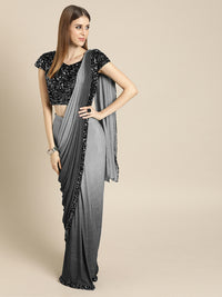 Black Ruffled Pre-Draped Lycra Saree with Frills and Multicolor Sequin Blouse