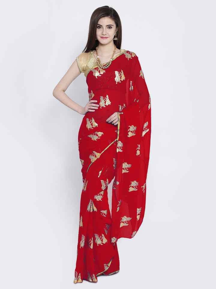 Red Colored Chiffon Dandia Print Party Wear Saree.