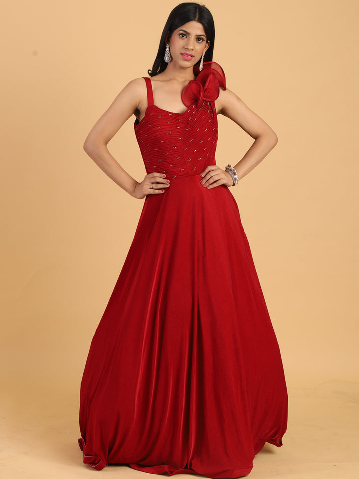 Red Embellished Lycra Cocktail Gown with Stylized Ruffled Straps