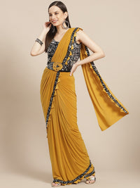 Ruffled Pre-Draped Ready to Wear Mustard Sequin Embellished Saree with Floral Belt