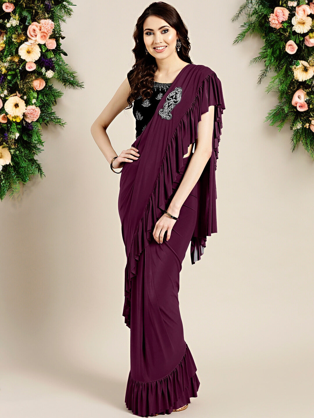 Chhabra 555 Draped Ruffled Pre-stitched Saree with Embellished Crystal-studded Crop Top Blouse