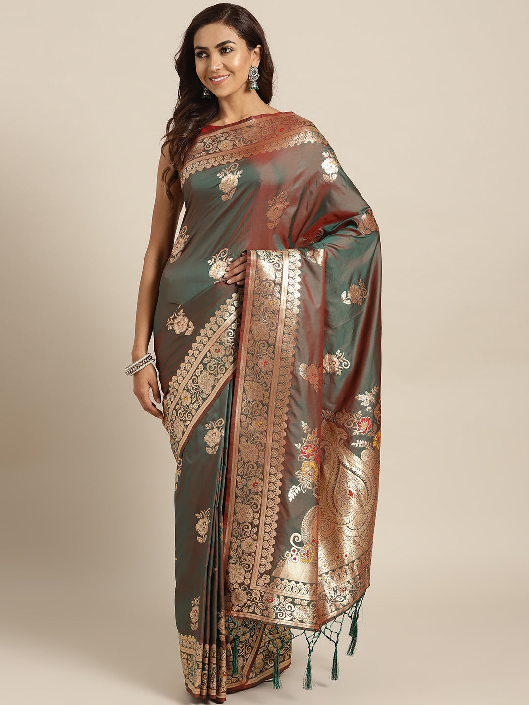 Chhabra 555 Green Banarasi Handloom Silk Saree with Floral Meenakari pattern and Jhalar