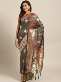 Chhabra 555 Green Banarasi Handloom Silk Saree with Floral Meenakari pattern and Jhalar