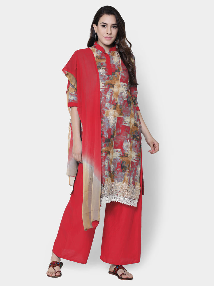 Red Printed Cotton Unstitched Dress Material with Chiffon Dupatta.