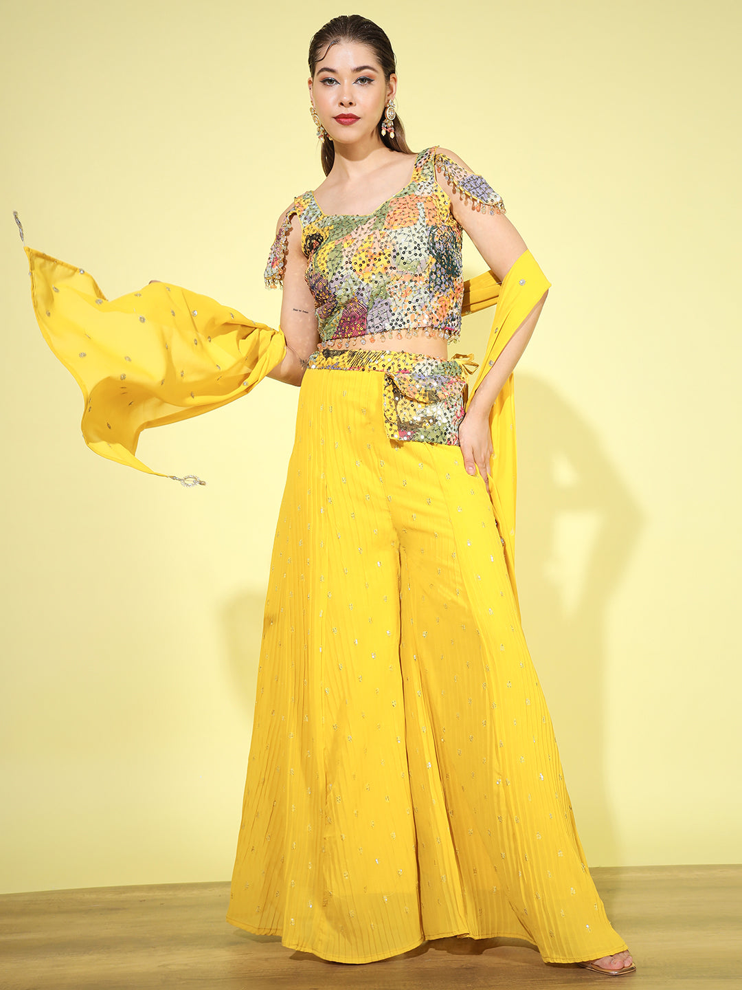 Chhabra 555 Made-to-Measure Yellow Abstract Print & Sequence Embellished Top, Flared Palazzo With Pocket & Net Dupatta Set