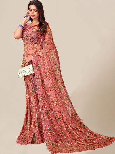 Chhabra 555 Pink Floral Digital Print Embellished Saree on a Flowy Stretch Georgette Fabric