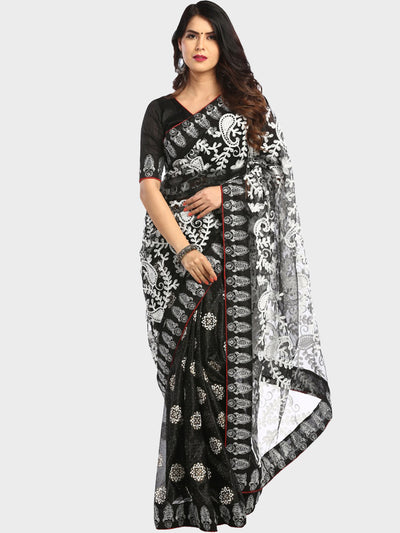 Chhabra 555 Black Half-and-Half Net Saree With Resham Paisley Embroidery