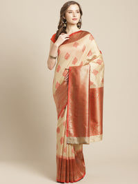 Banarasi Handloom Satin Silk Saree with Zari and Resham Weaving in Floral Ethnic Pattern