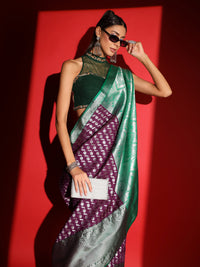 Chhabra 555 Purple Banarasi Silk Saree with Silver Zari woven Floral Motifs & Broad Contrast Border