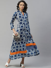 Blue Block Printing Long Cotton Anarkali Kurti with Orange Color Blocking