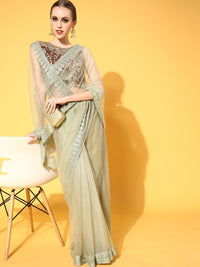 Green Bling Glittery Belted Saree with Lace Embellished Border