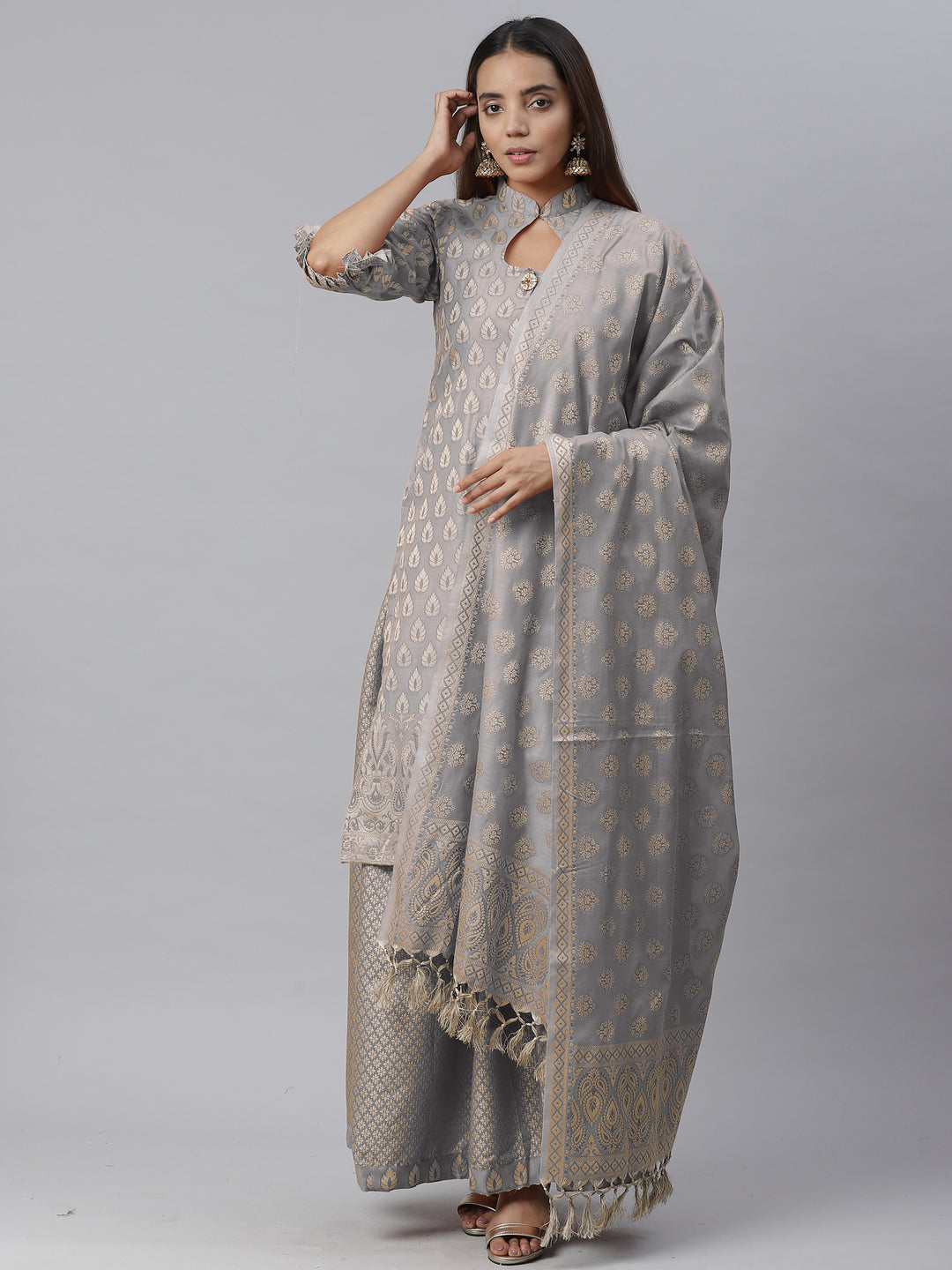 Chhabra 555 Grey Woven Design Banarasi Handloom Chanderi Kurta with Sharara & Dupatta