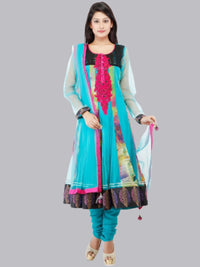 Blue Chiffon Anarkali Patchwork Suit With Chiffon Dupatta