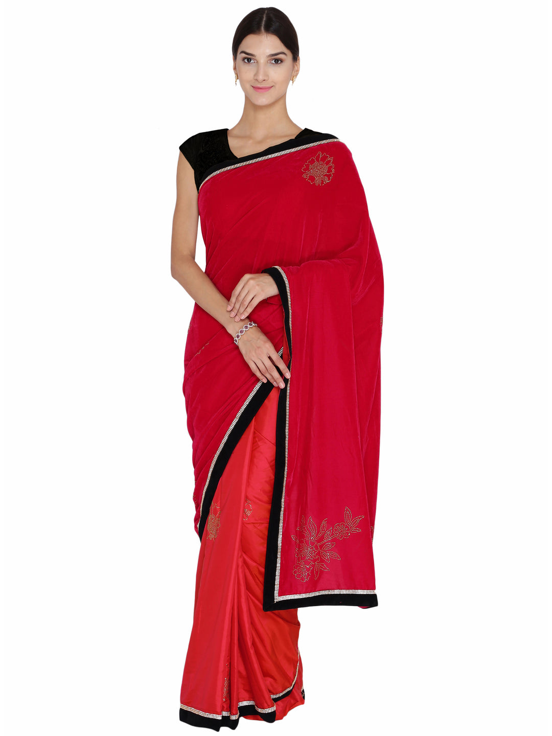 Chhabra 555 Red & Pink Velvet Swarowski Work Party Wear Saree