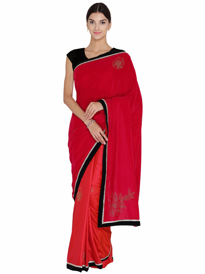 Chhabra 555 Red & Pink Velvet Swarowski Work Party Wear Saree