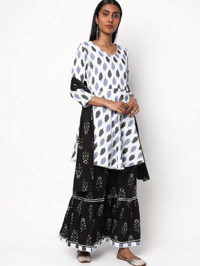 Chhabra 555 Made to Measure White & Black Batik Printed Cotton Kurta Sharara Set